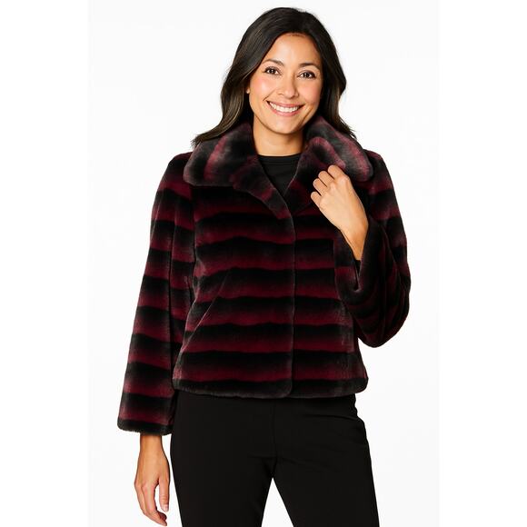 Dennis Basso Cropped Faux Fur Jacket in Wine NWT Size S - Picture 1 of 4